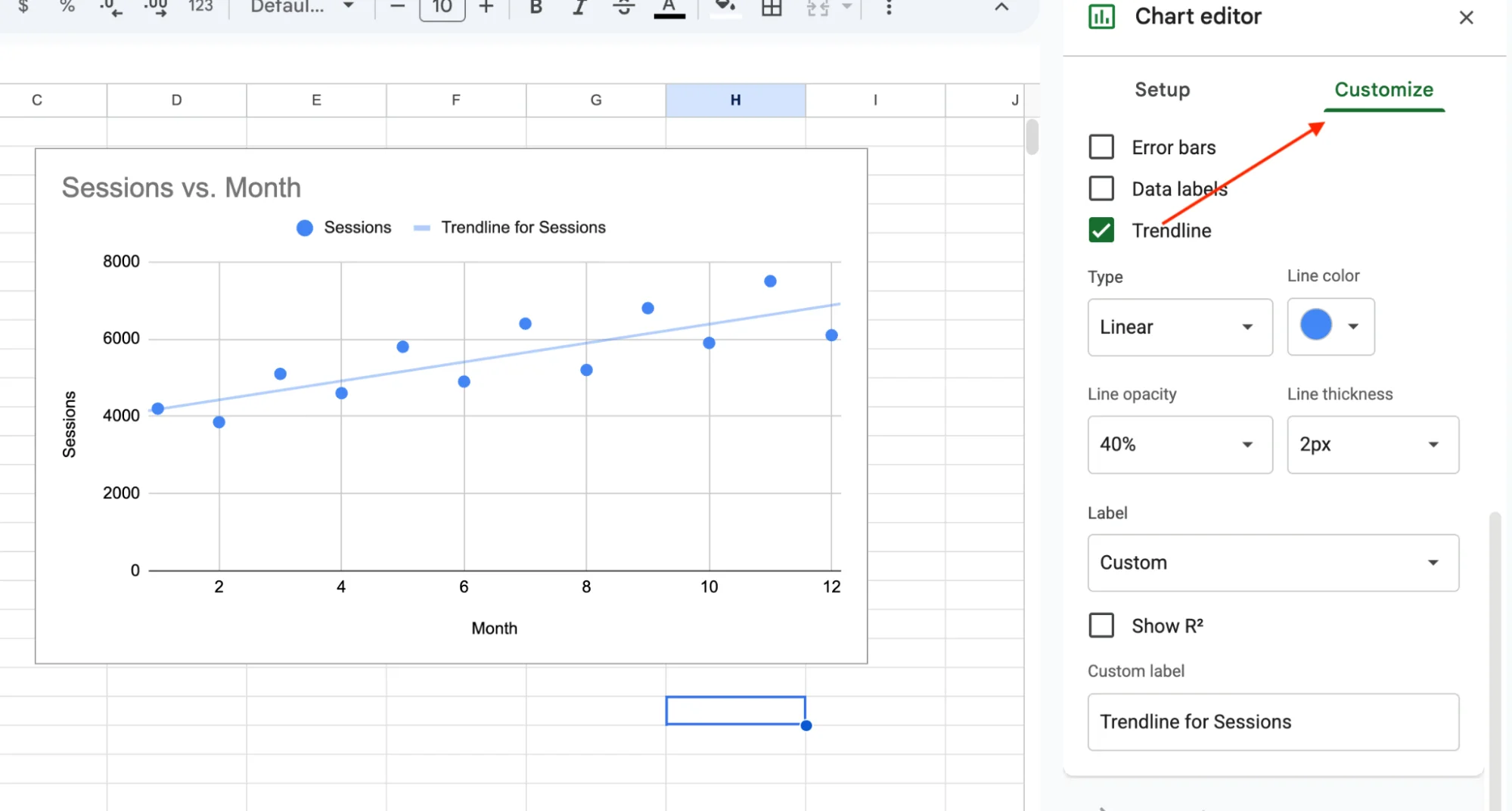Customize trendline settings in Google Sheets chart editor