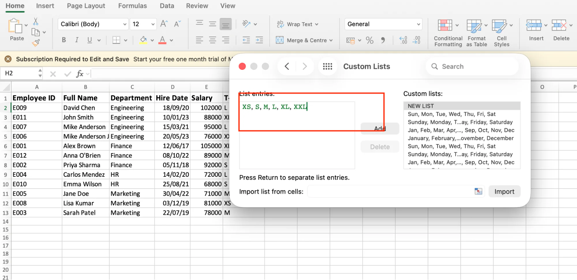 Typing a custom list of t-shirt sizes in the Custom Lists dialog