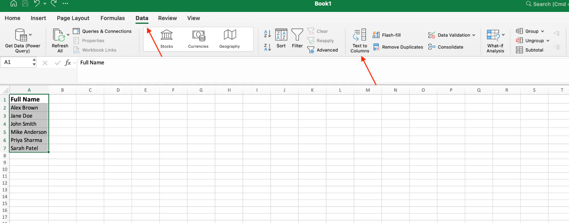 The Text to Columns button on the Data tab in Excel