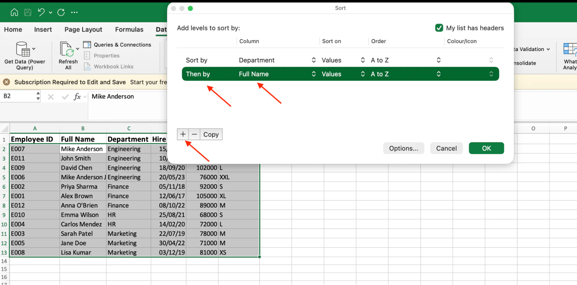 Adding a second sort level for Full Name in the Sort dialog