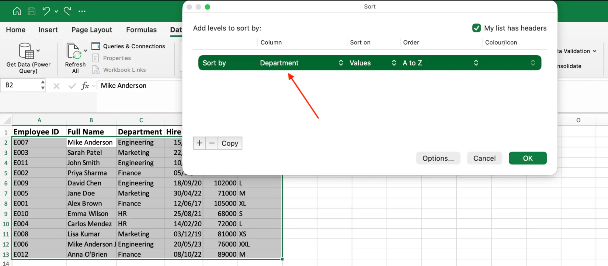 Setting the first sort level to Department, A to Z, in the Sort dialog