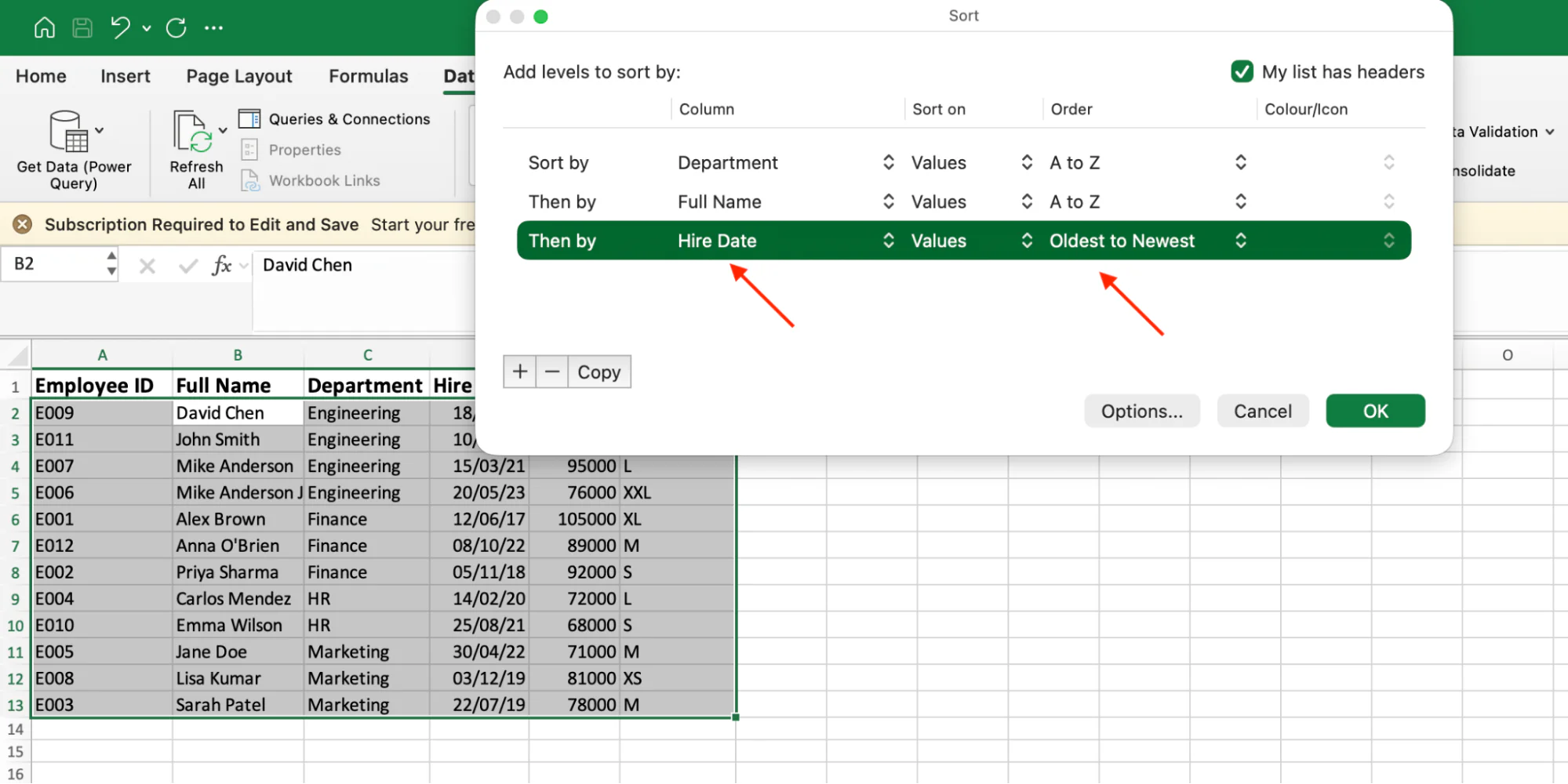 Adding a third sort level for Hire Date, oldest to newest, in the Sort dialog