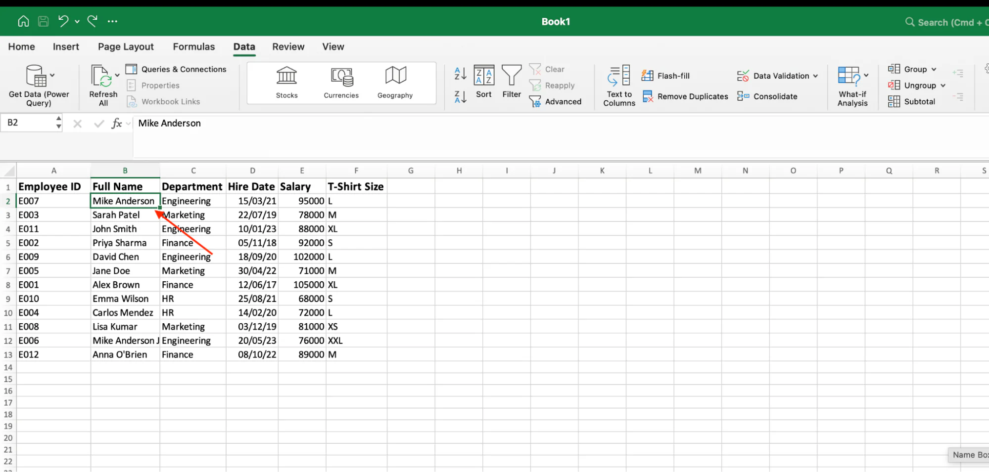A single cell selected inside the data range in Excel