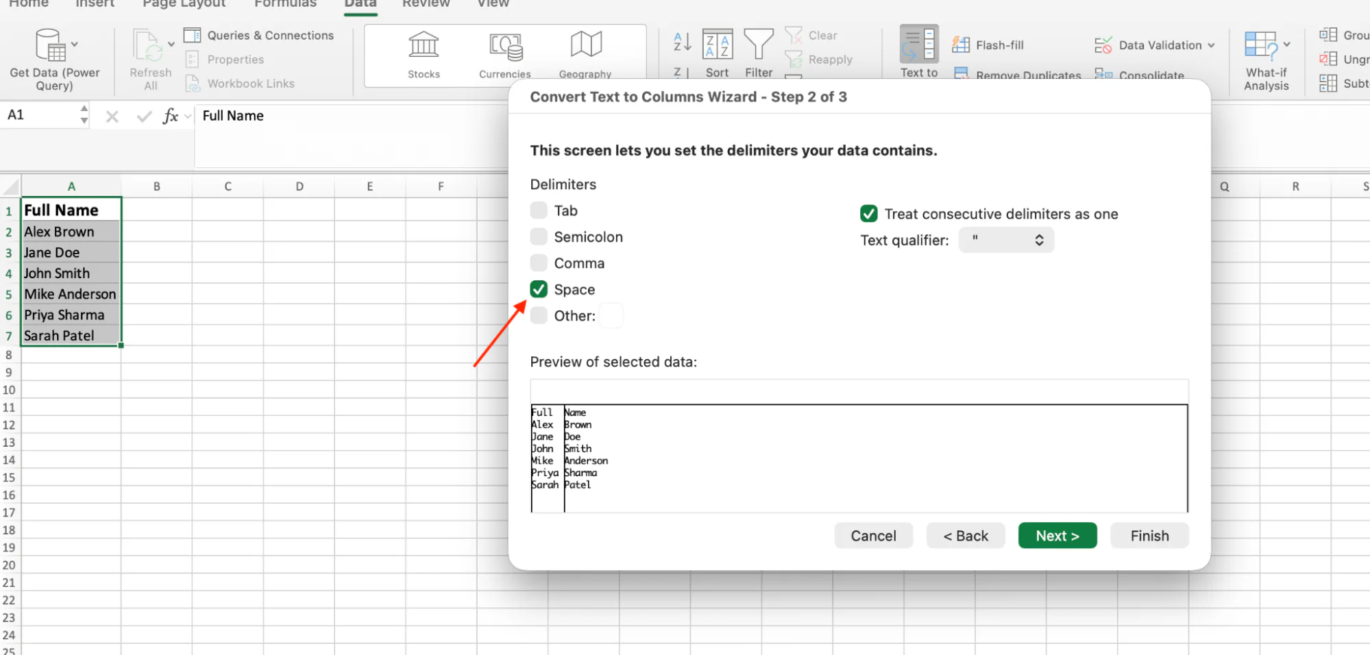 Selecting the Space delimiter in the Text to Columns wizard