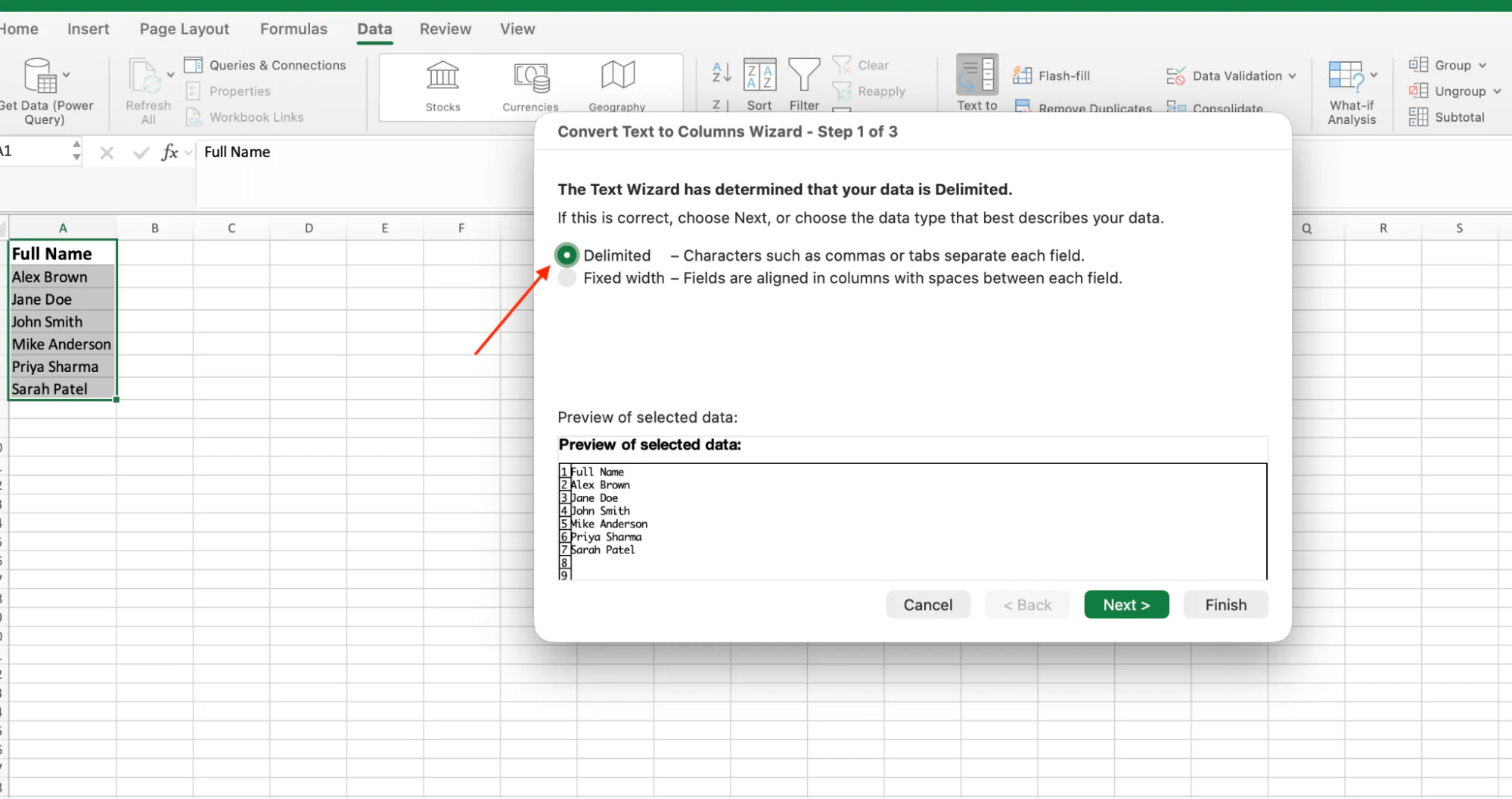 Choosing Delimited in the Text to Columns wizard