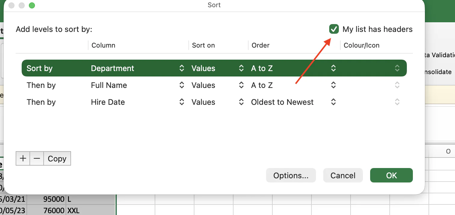 The Sort dialog with My data has headers checked