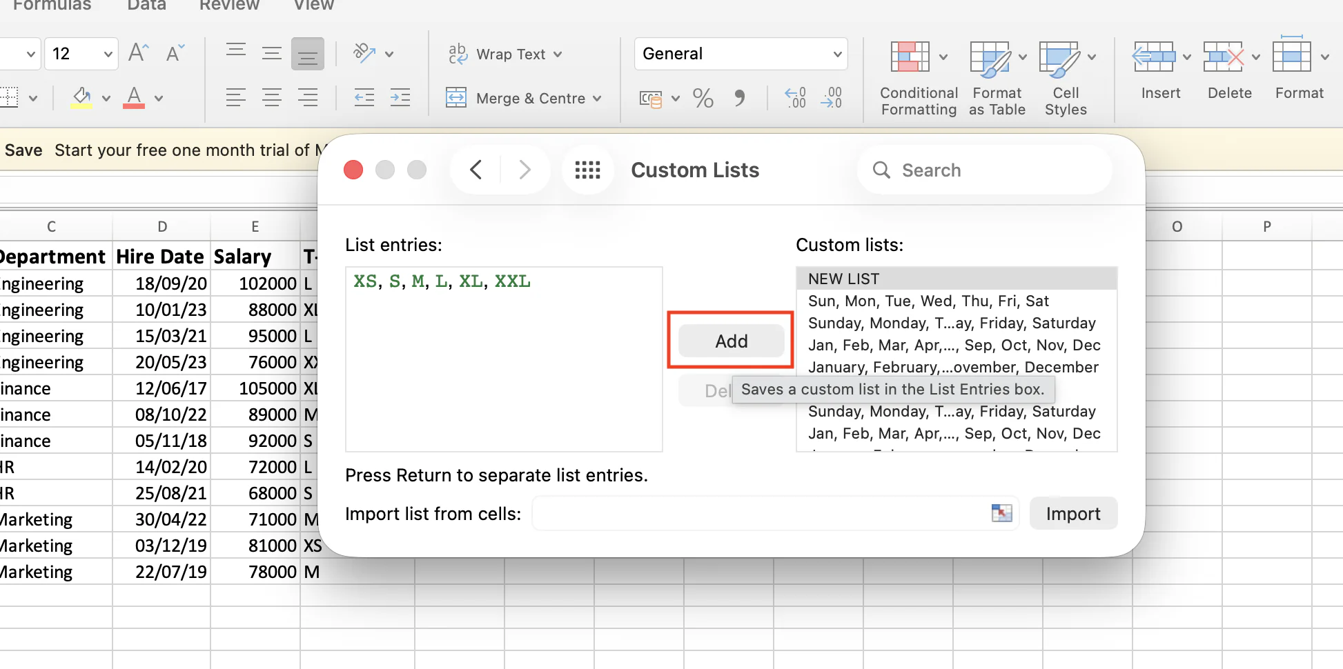 The new custom list added in the Custom Lists dialog