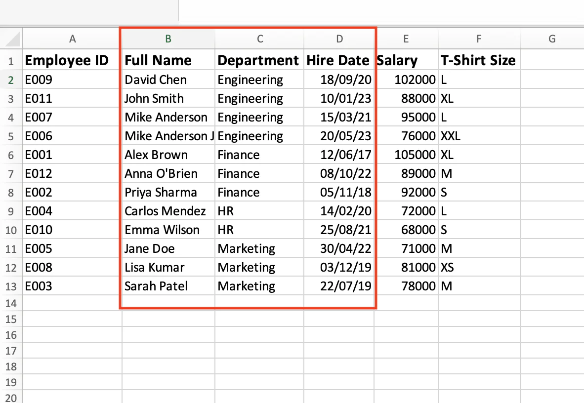 Data grouped by department, then sorted alphabetically by name