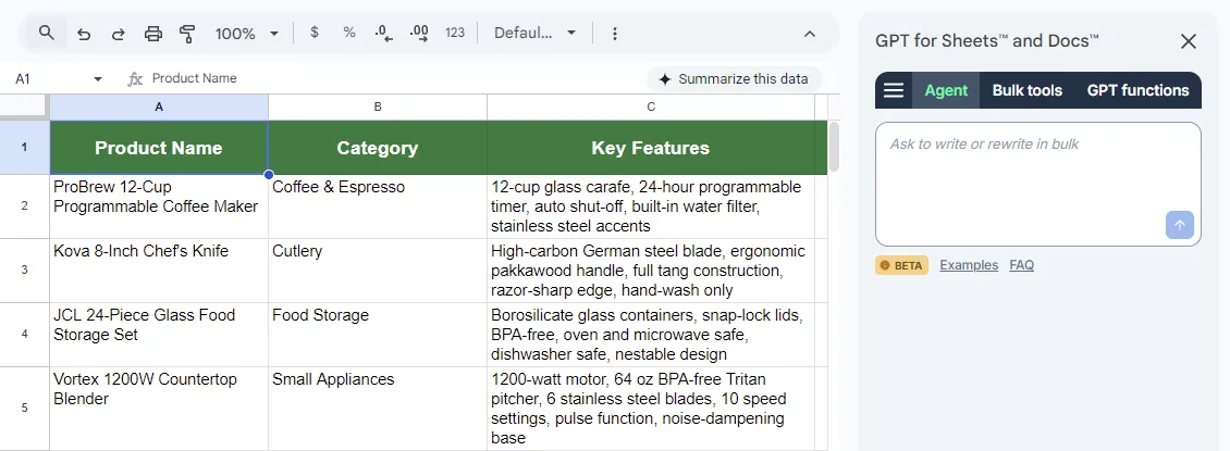 Opening the GPT for Sheets Agent