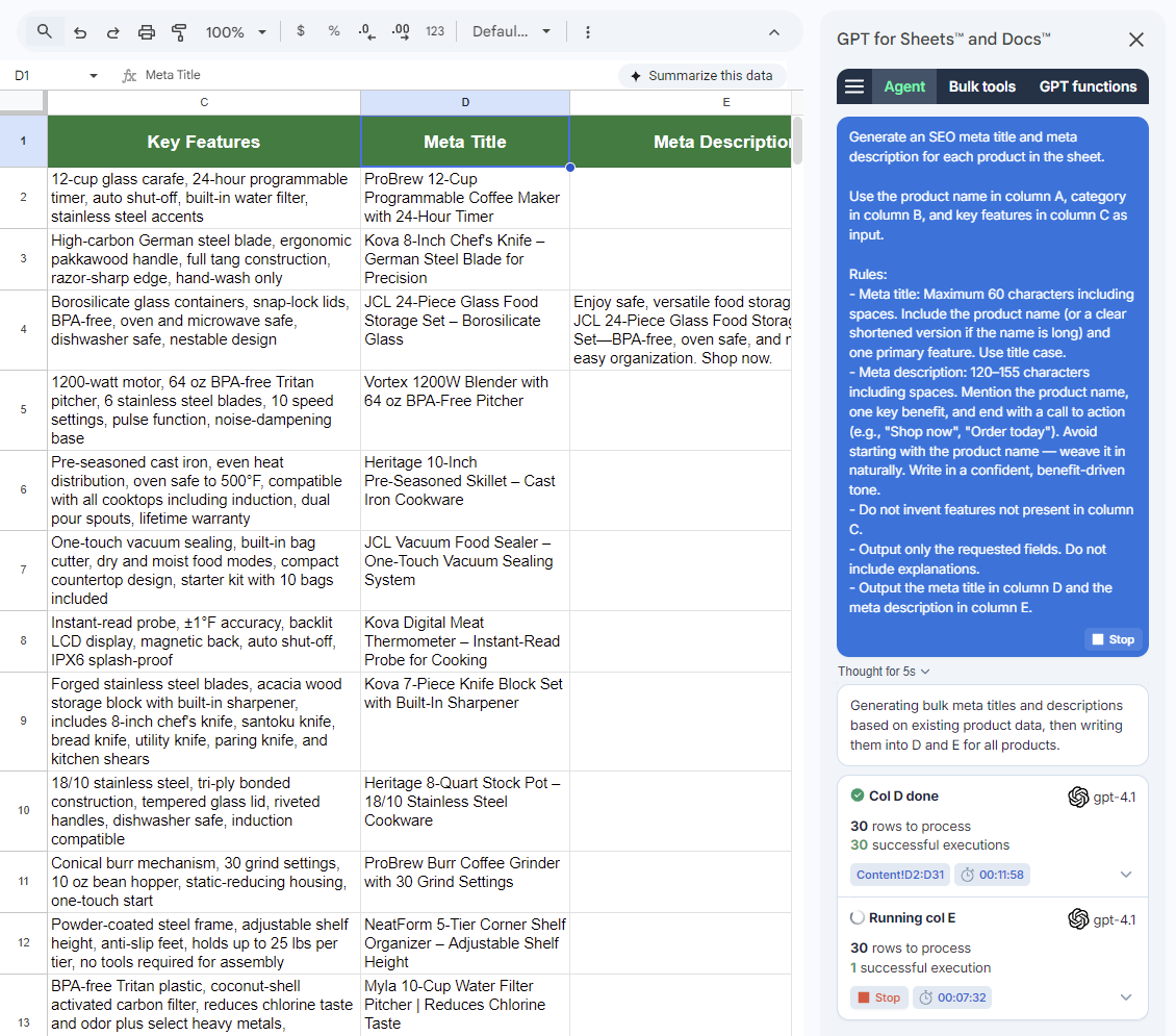 Running the first prompt with GPT for Sheets Agent