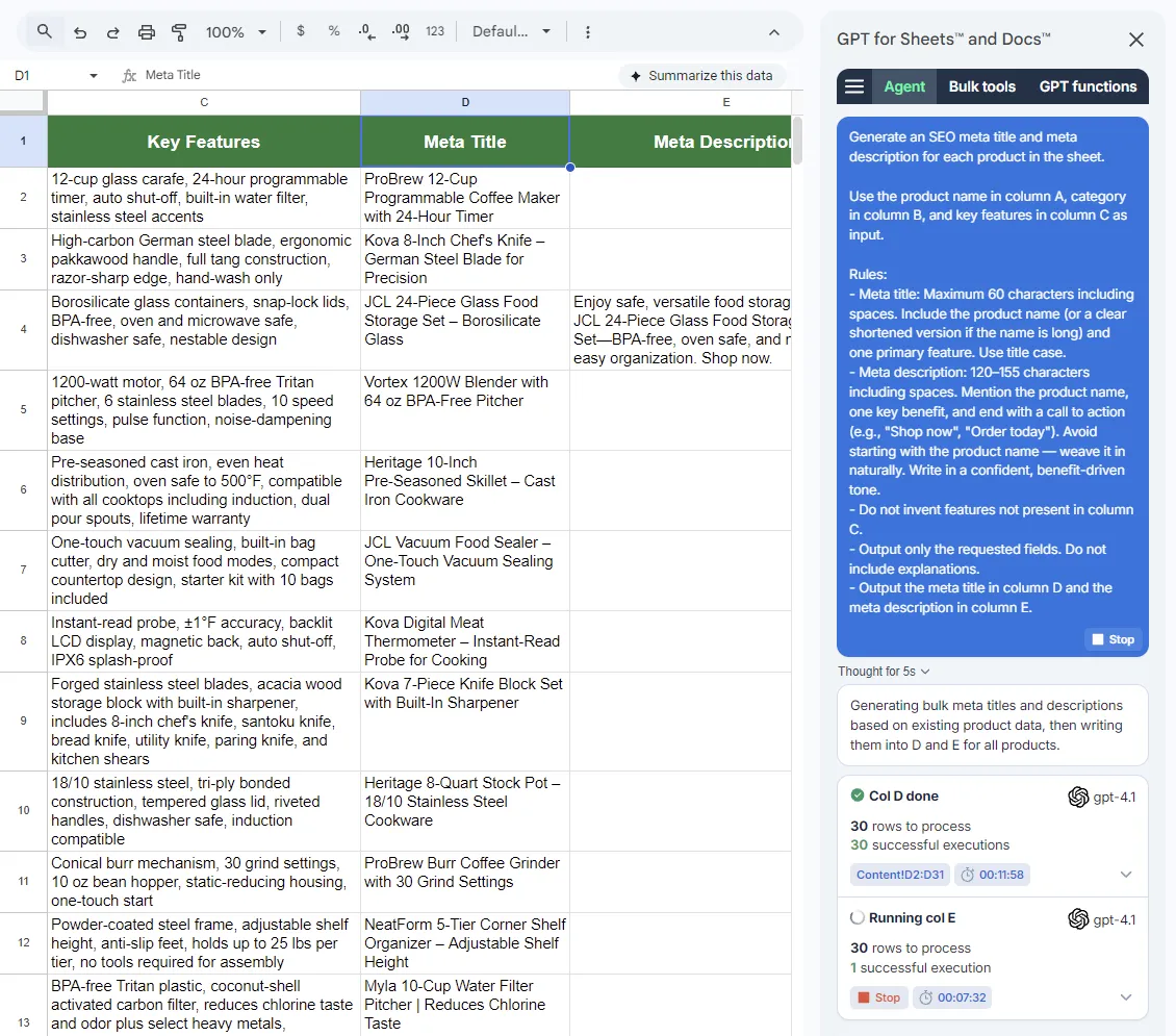 Running the first prompt with GPT for Sheets Agent