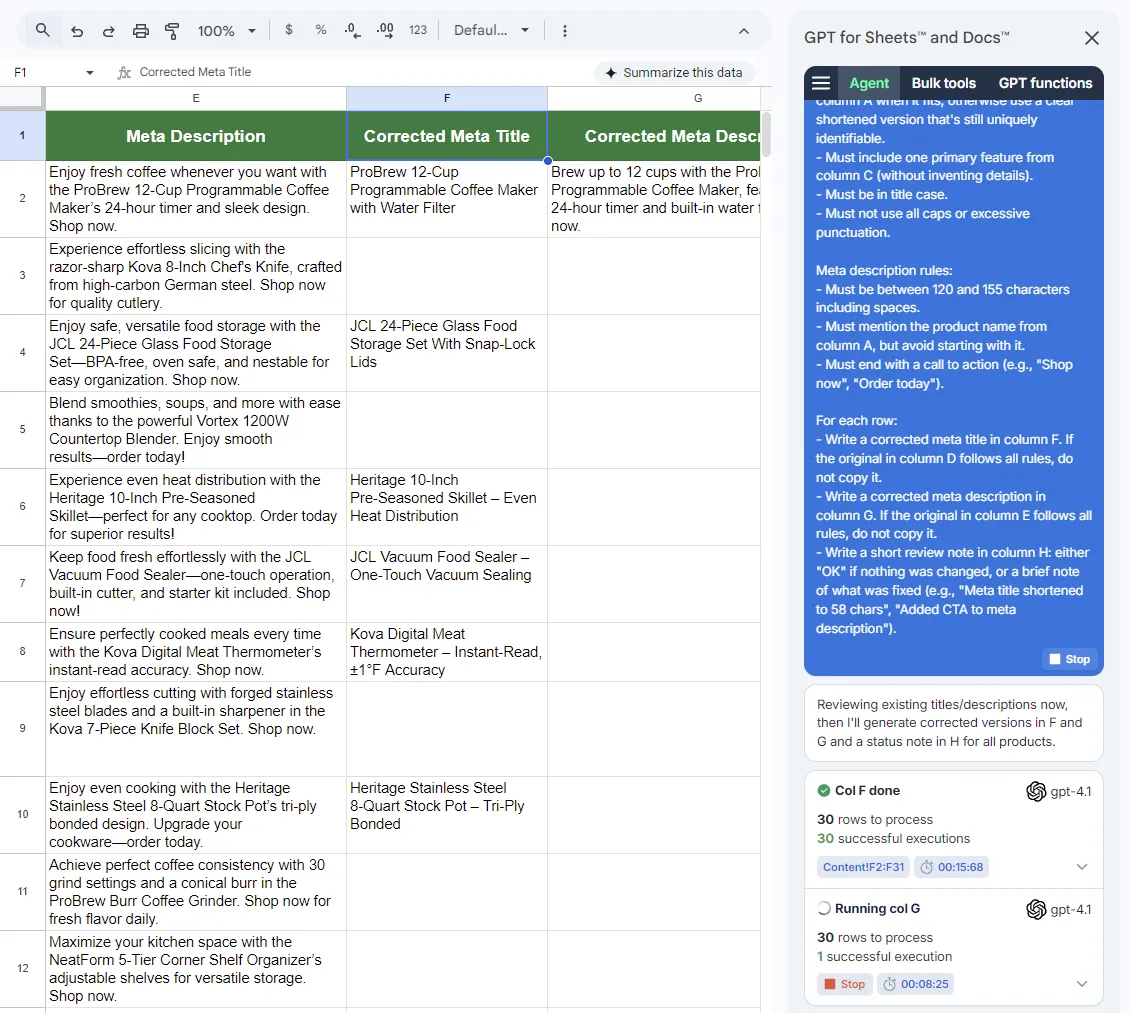 Running the second prompt with GPT for Sheets Agent