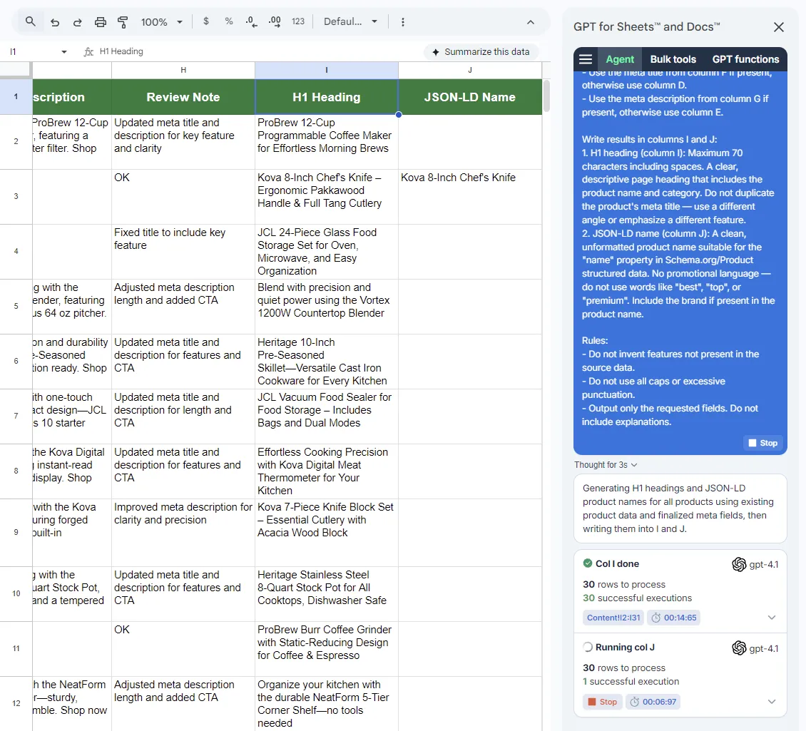 Running the third prompt with GPT for Sheets Agent