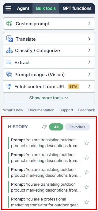 Bulk tools tab showing history of recent runs