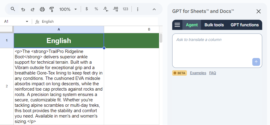 Opening the GPT for Sheets Agent