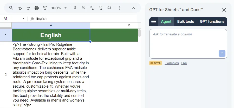 Opening the GPT for Sheets Agent
