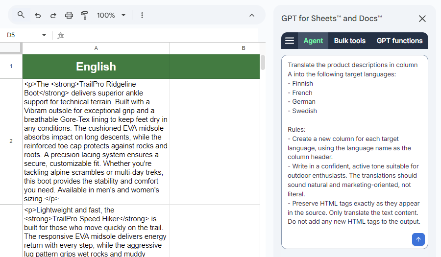 Writing the prompt for the GPT for Sheets Agent