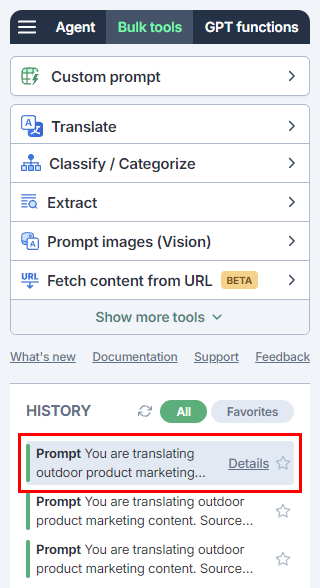 Reusing the Agent's bulk tool run from history