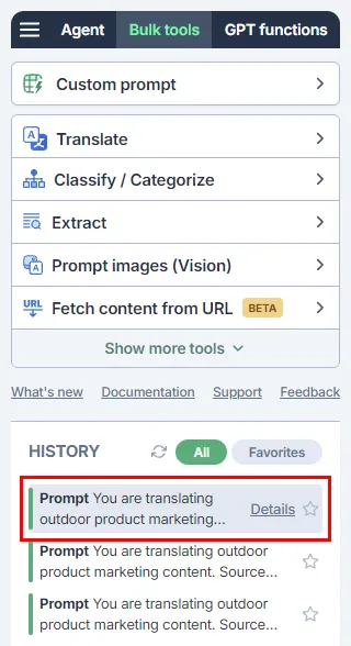 Reusing the Agent's bulk tool run from history