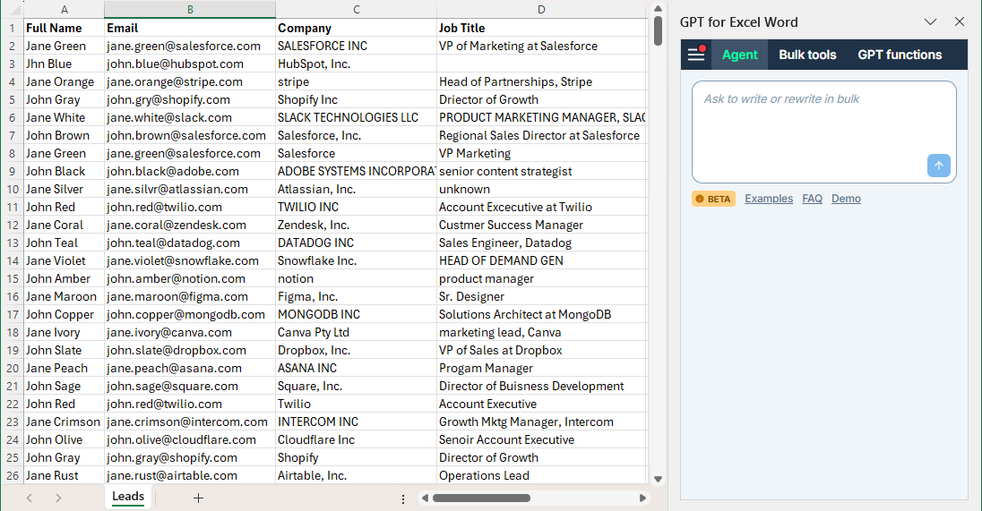 Opening the GPT for Excel Agent to clean data in Excel