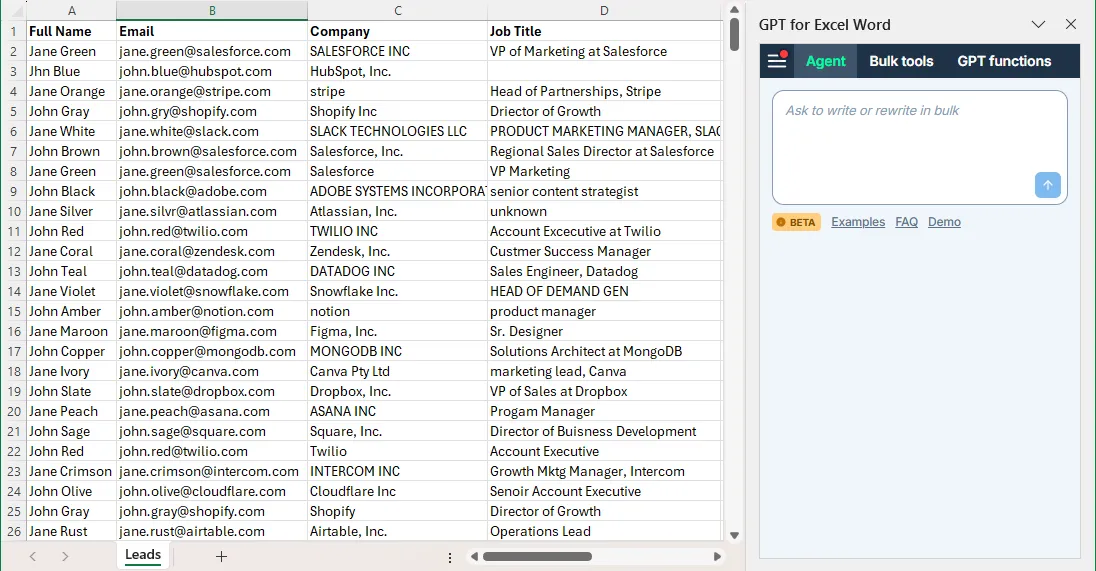 Opening the GPT for Excel Agent to clean data in Excel