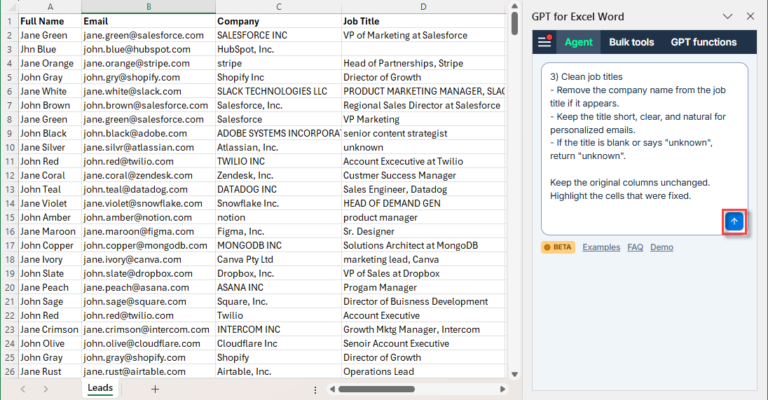 Running an Excel data cleaning prompt with the GPT for Excel Agent