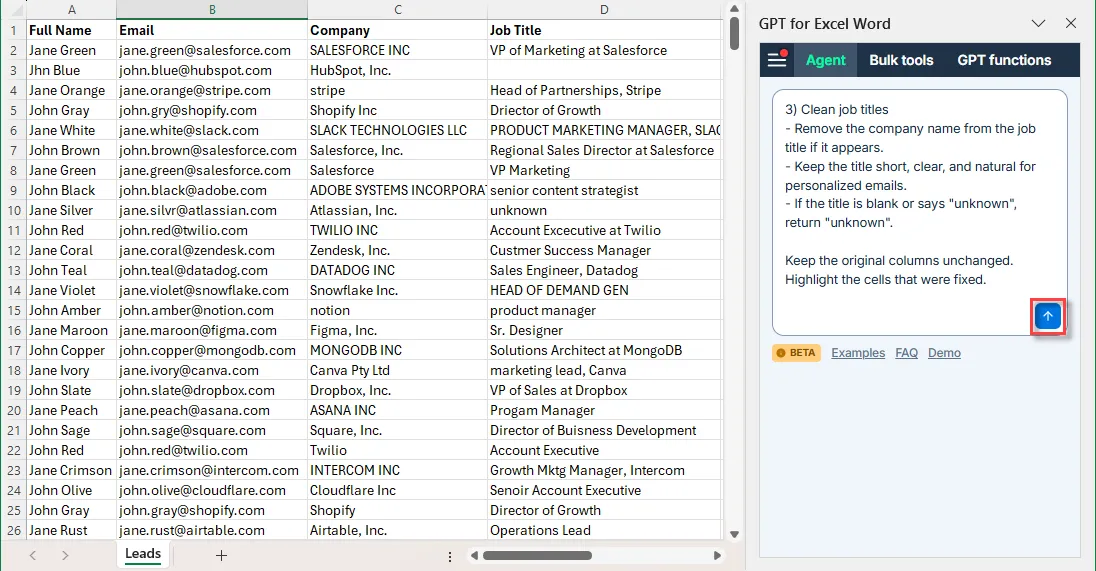 Running an Excel data cleaning prompt with the GPT for Excel Agent