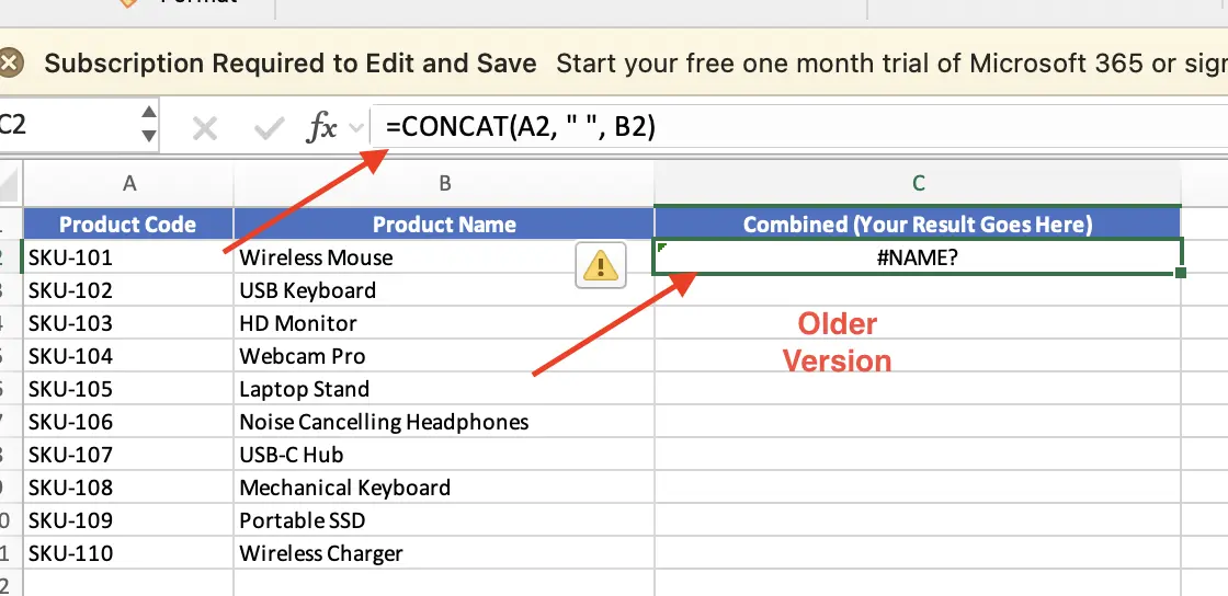 CONCAT formula compatibility in older Excel versions