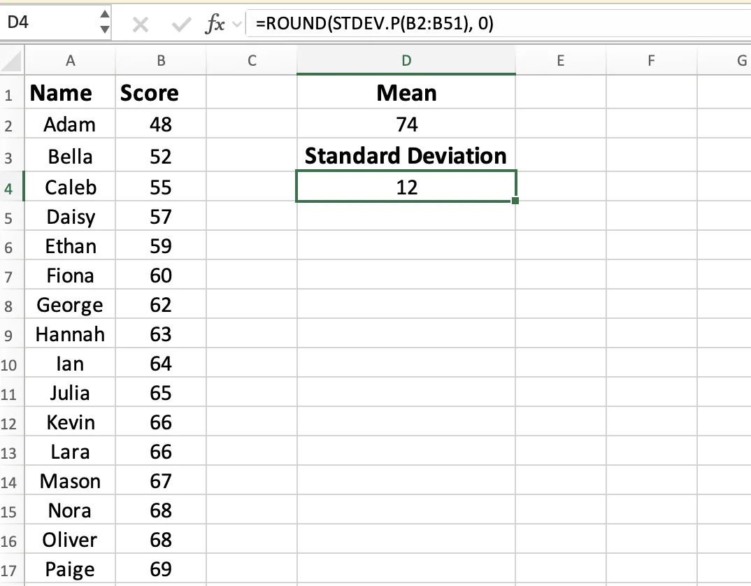 ROUND STDEV.P formula in Excel