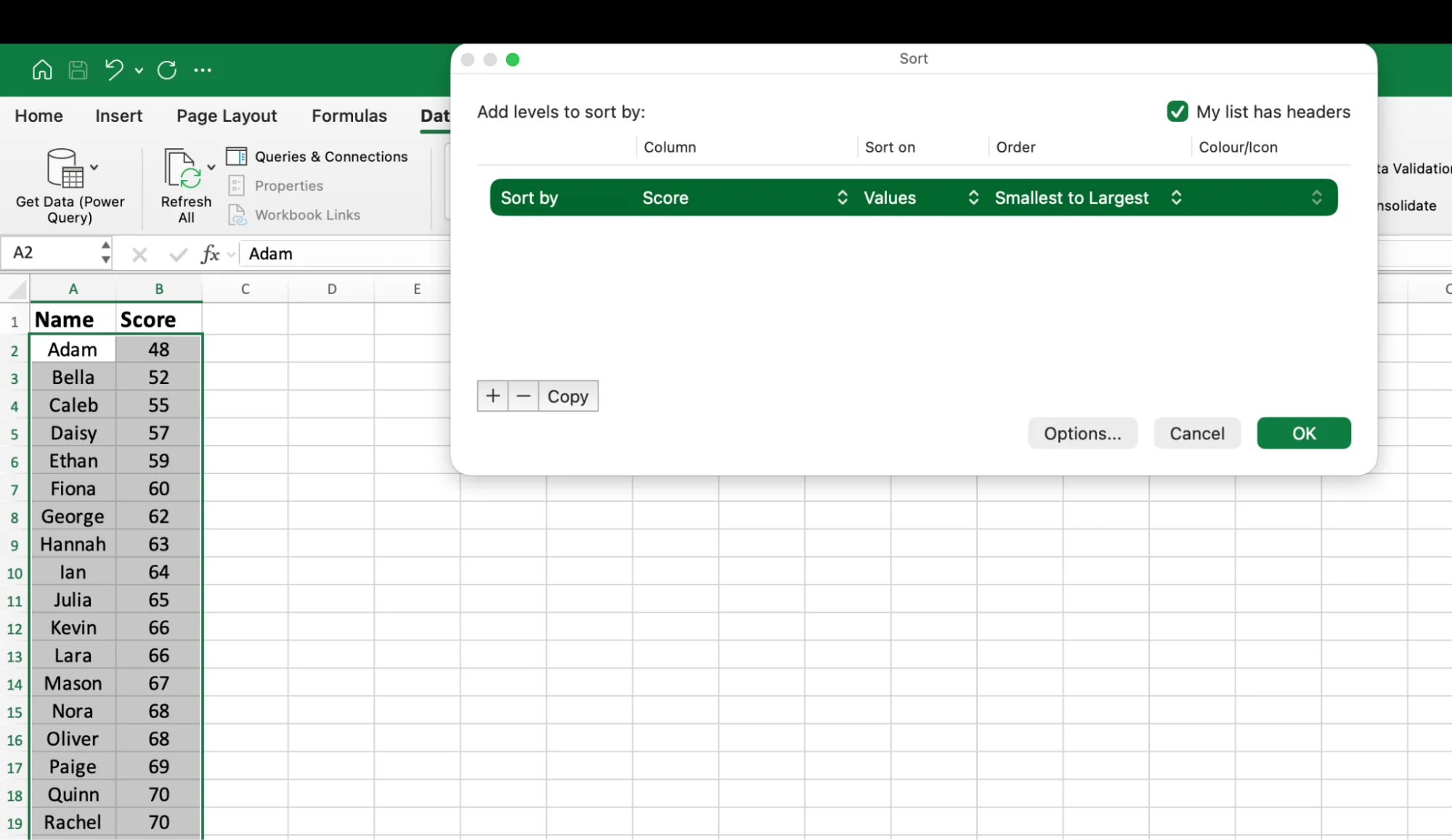 Sort data from lowest to highest in Excel