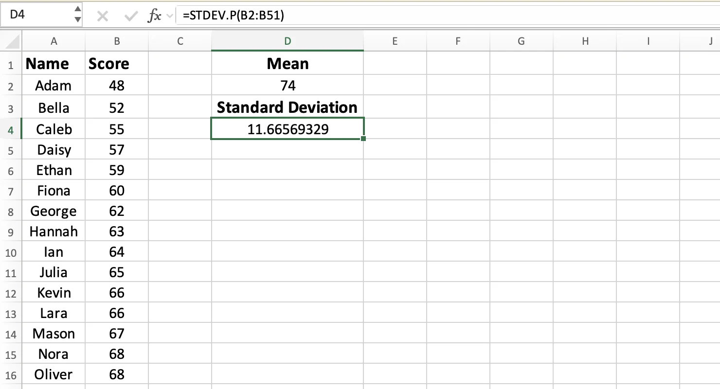 STDEV.P formula to calculate standard deviation in Excel