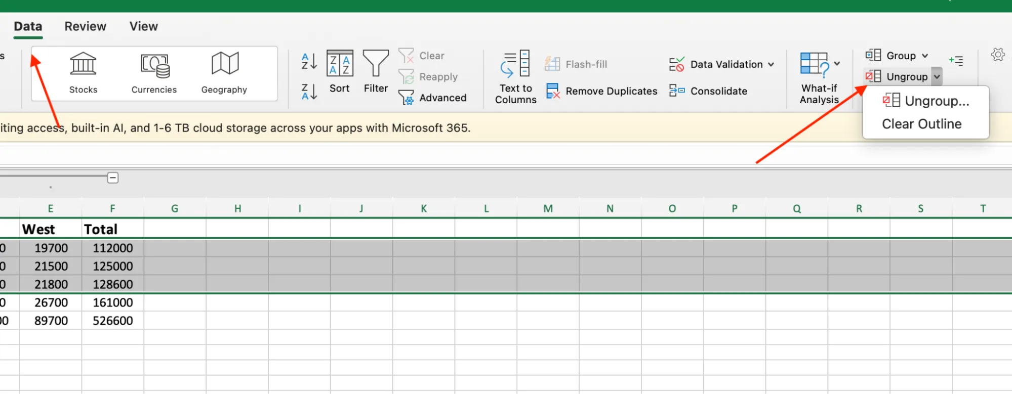 The Ungroup button and Clear Outline option in the Data tab Outline section