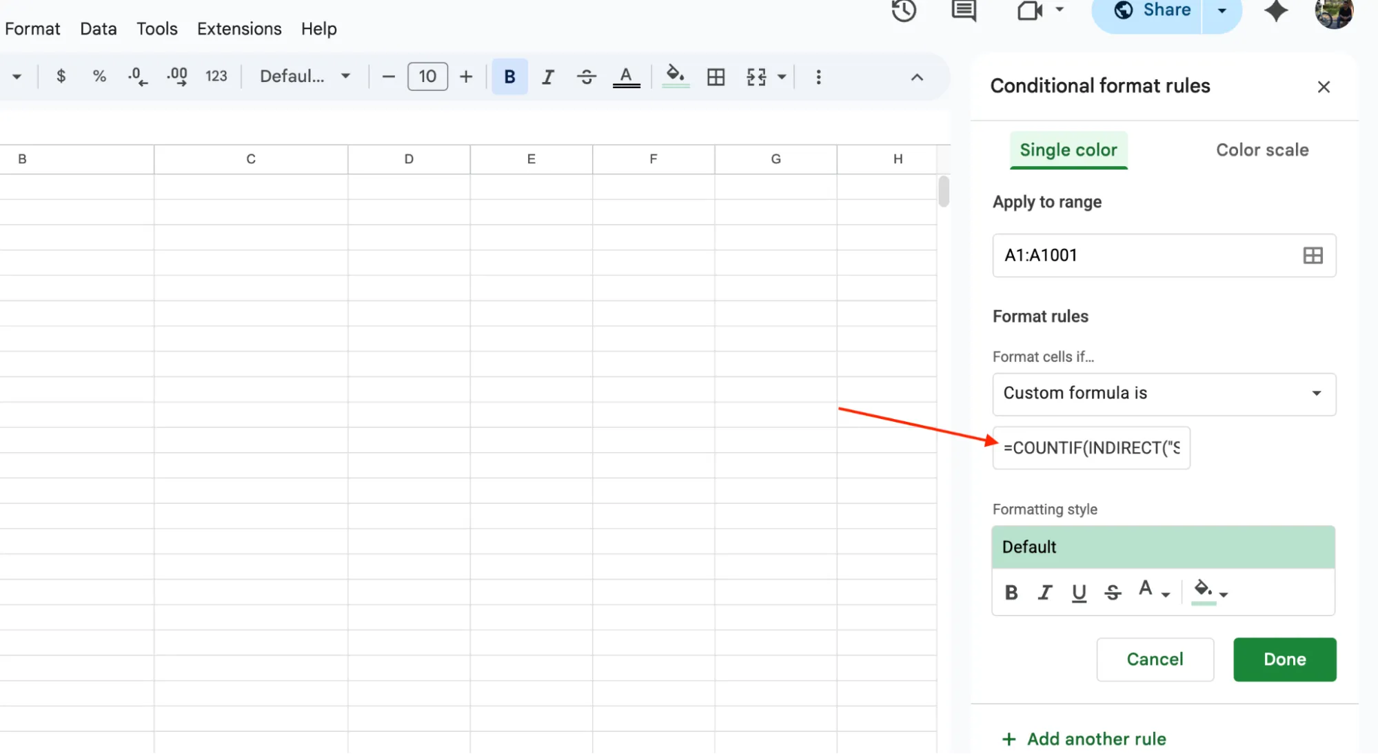 Cross-sheet COUNTIF formula entered in Google Sheets