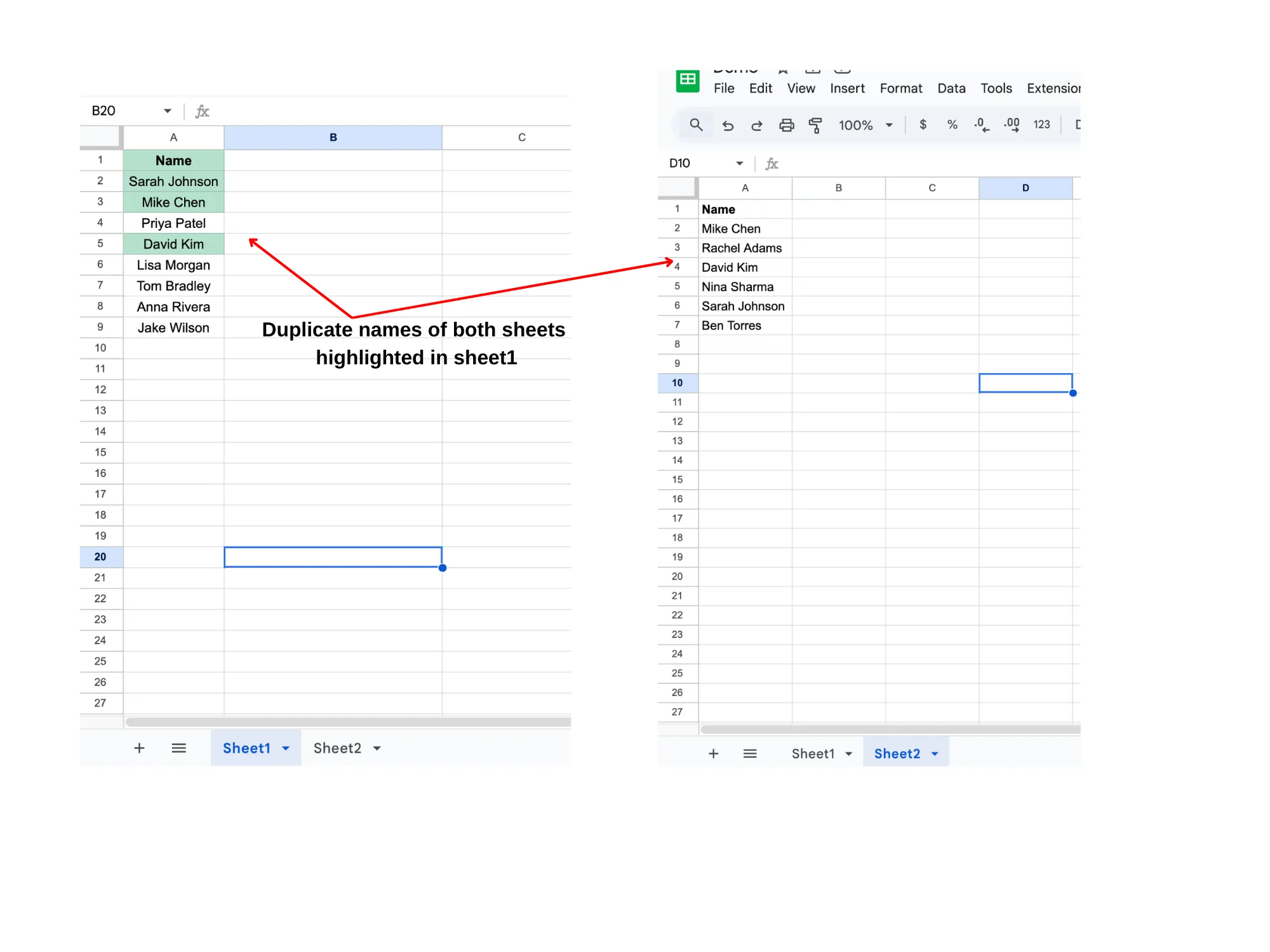 Duplicate names highlighted across two sheets in Google Sheets