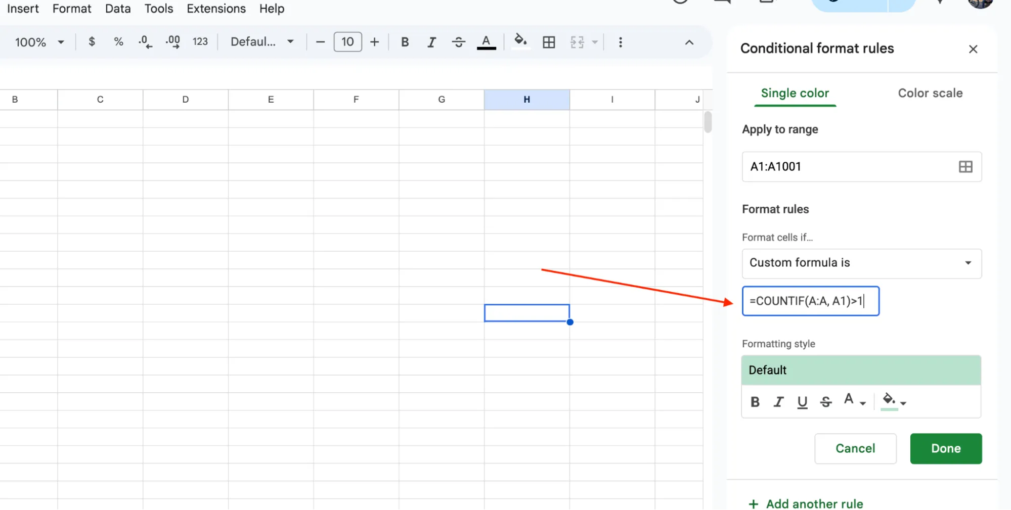 Entering the COUNTIF formula in Google Sheets conditional formatting