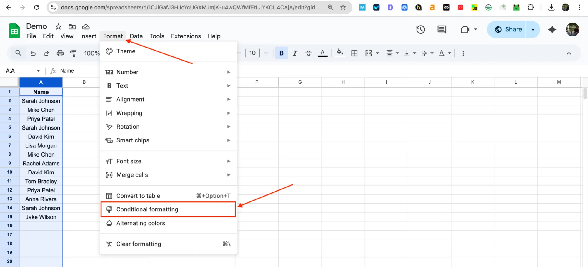 Opening the Format menu in Google Sheets