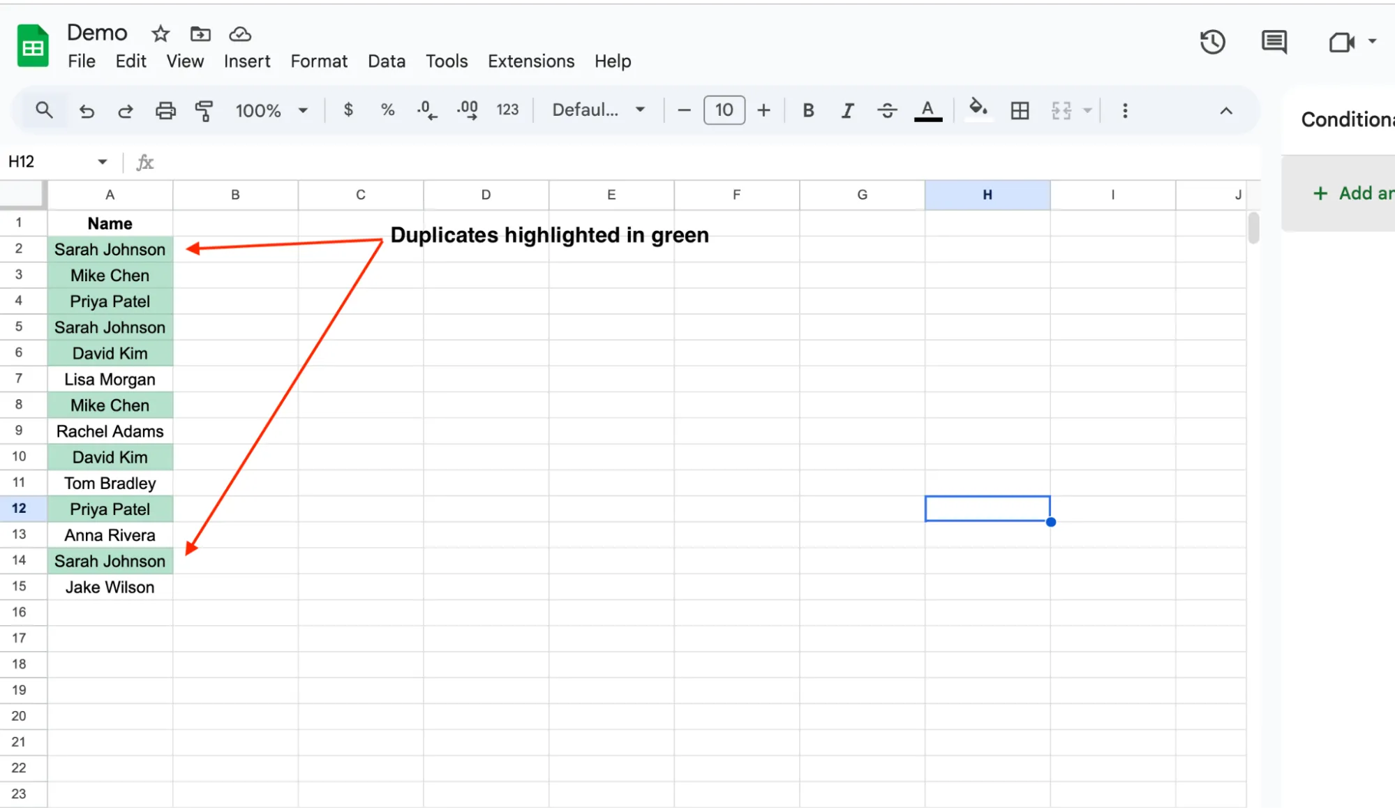 Duplicate values highlighted in Google Sheets