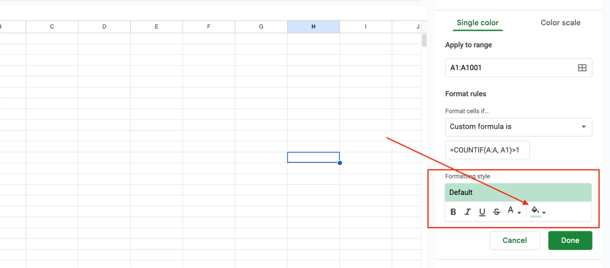 Choosing a highlight color for duplicate values in Google Sheets
