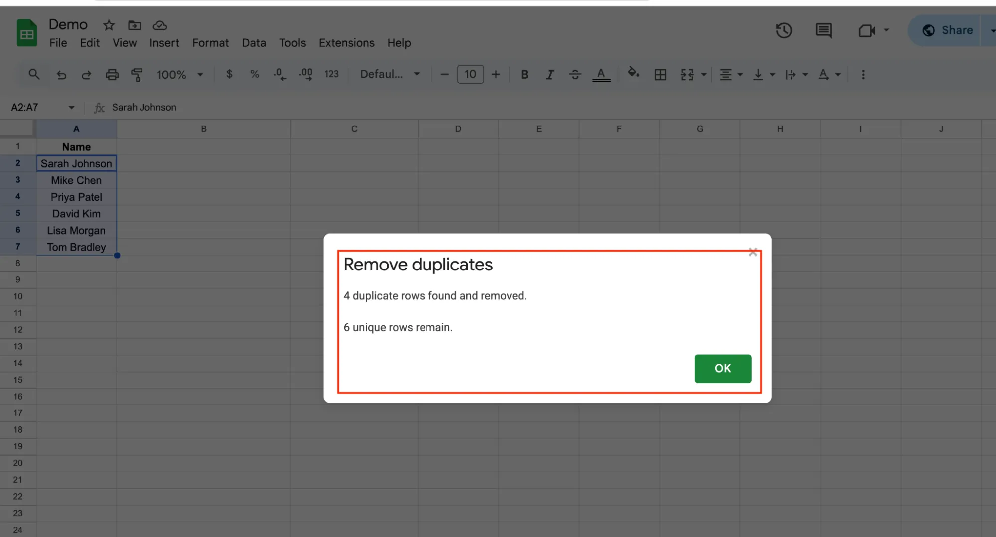 Remove duplicates result popup in Google Sheets