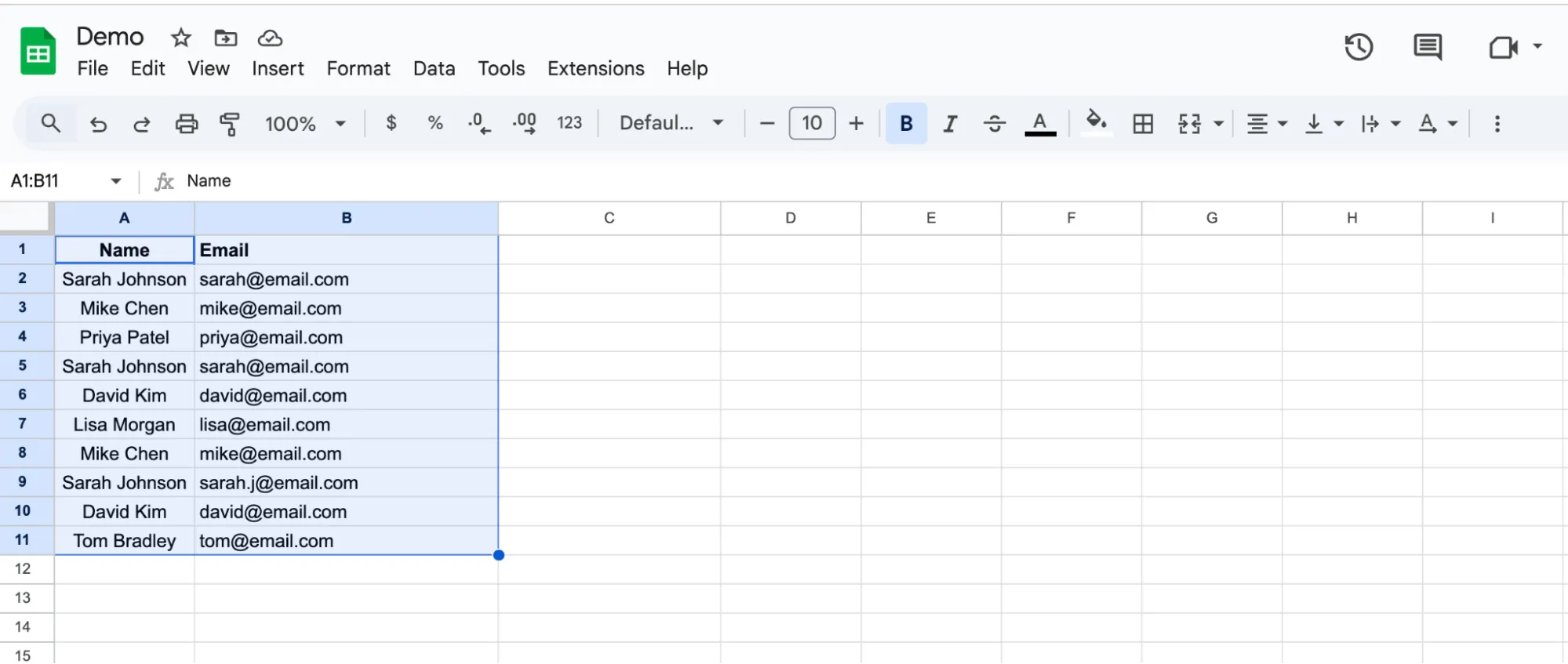 Selecting a range across multiple columns in Google Sheets