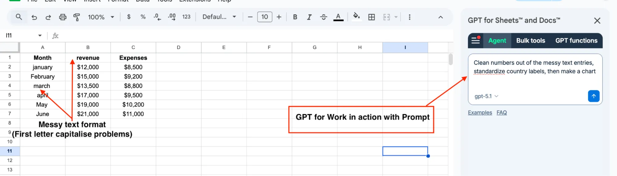GPT for Sheets AI agent creating charts from natural language prompts