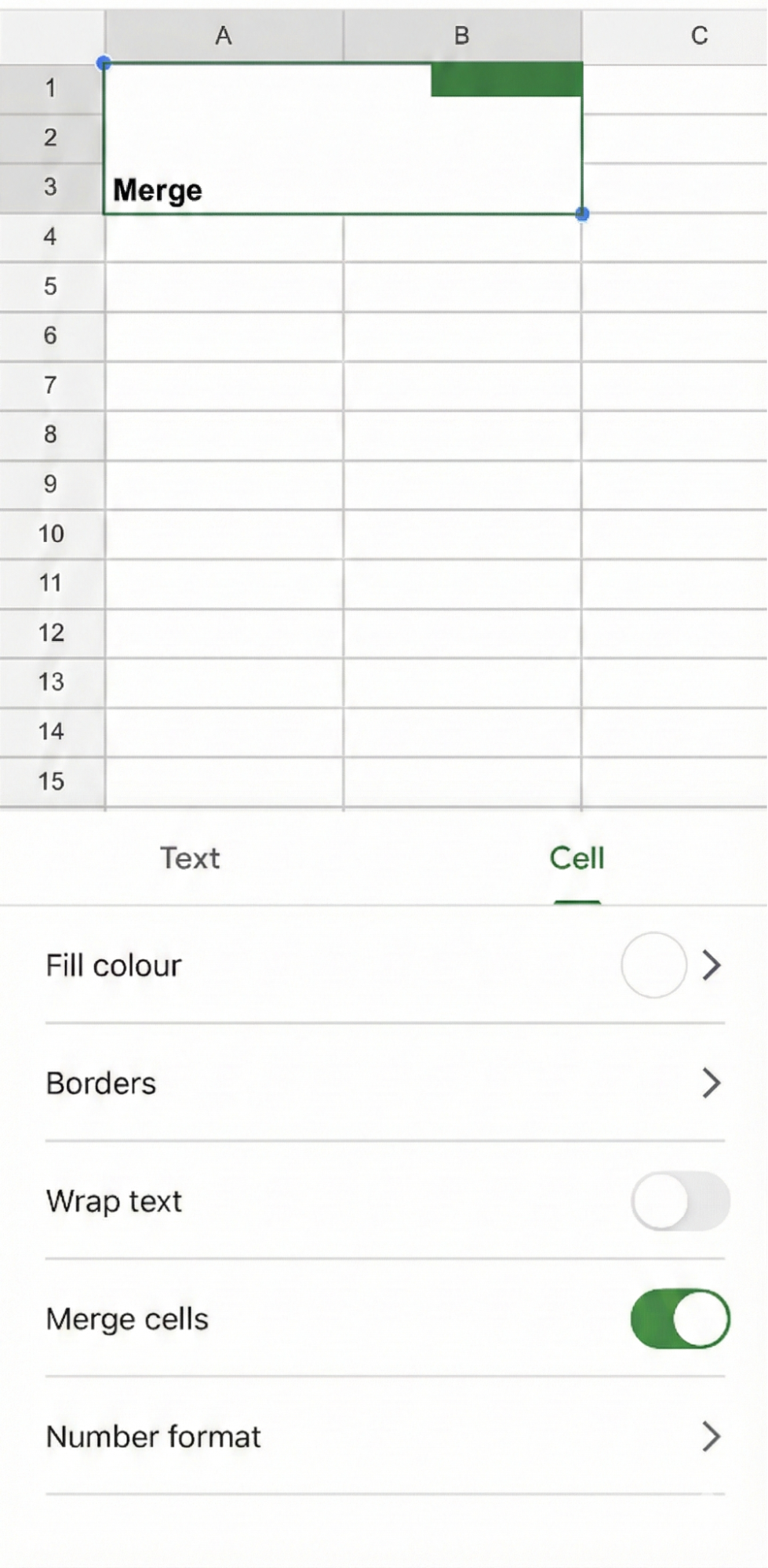 Merging cells on iPad or iPhone in Google Sheets