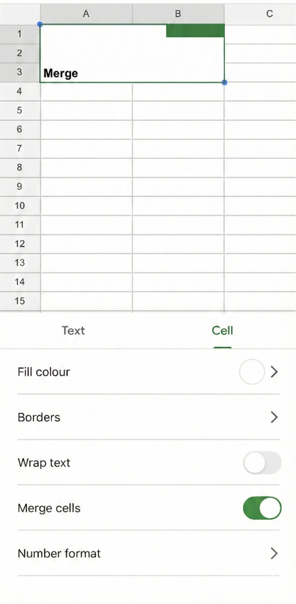 Merging cells on iPad or iPhone in Google Sheets
