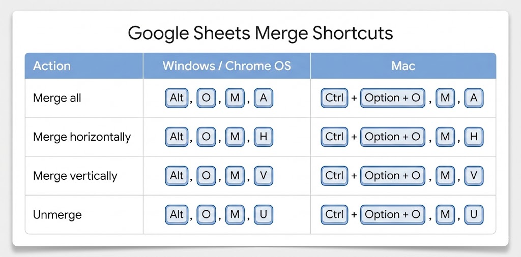 Keyboard shortcuts for merging cells in Google Sheets
