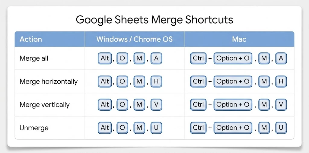 Keyboard shortcuts for merging cells in Google Sheets