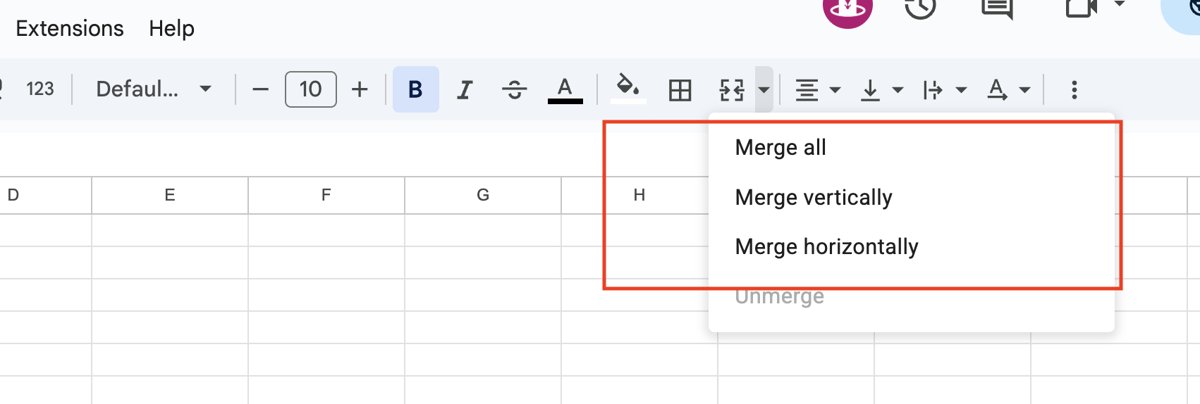 Example of merging cells horizontally or vertically in Google Sheets