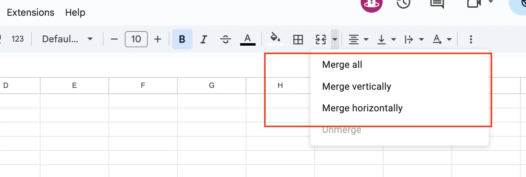 Example of merging cells horizontally or vertically in Google Sheets