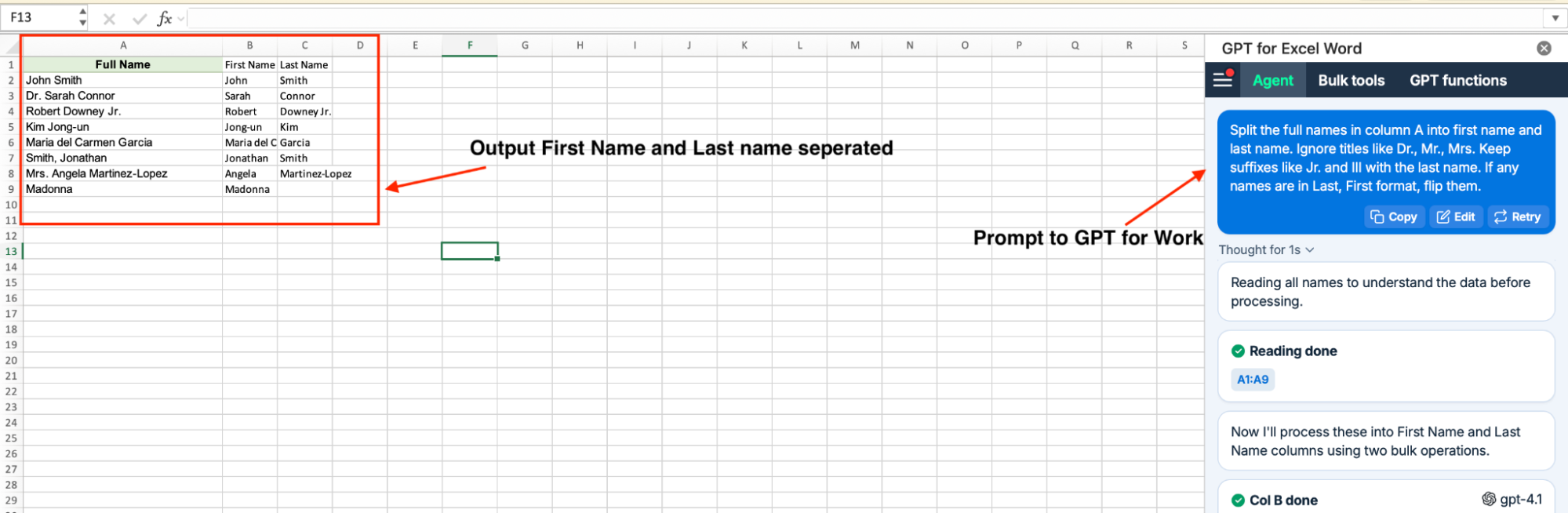 GPT for Work agent splitting names in Excel