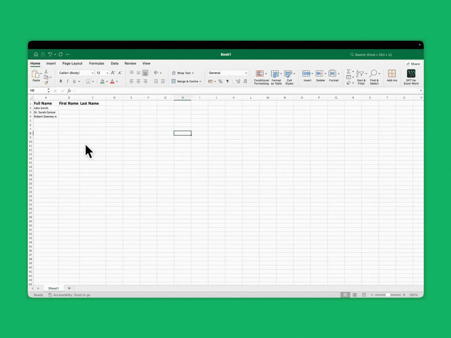 GPT_EXTRACT formulas in Excel returning first and last names from full names in column A