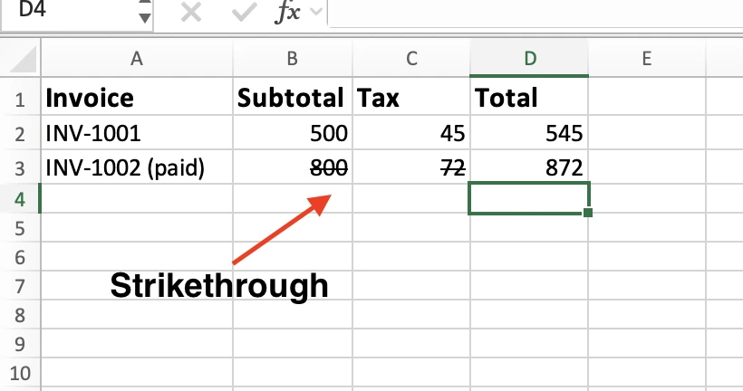 Strikethrough applied to text in an Excel cell